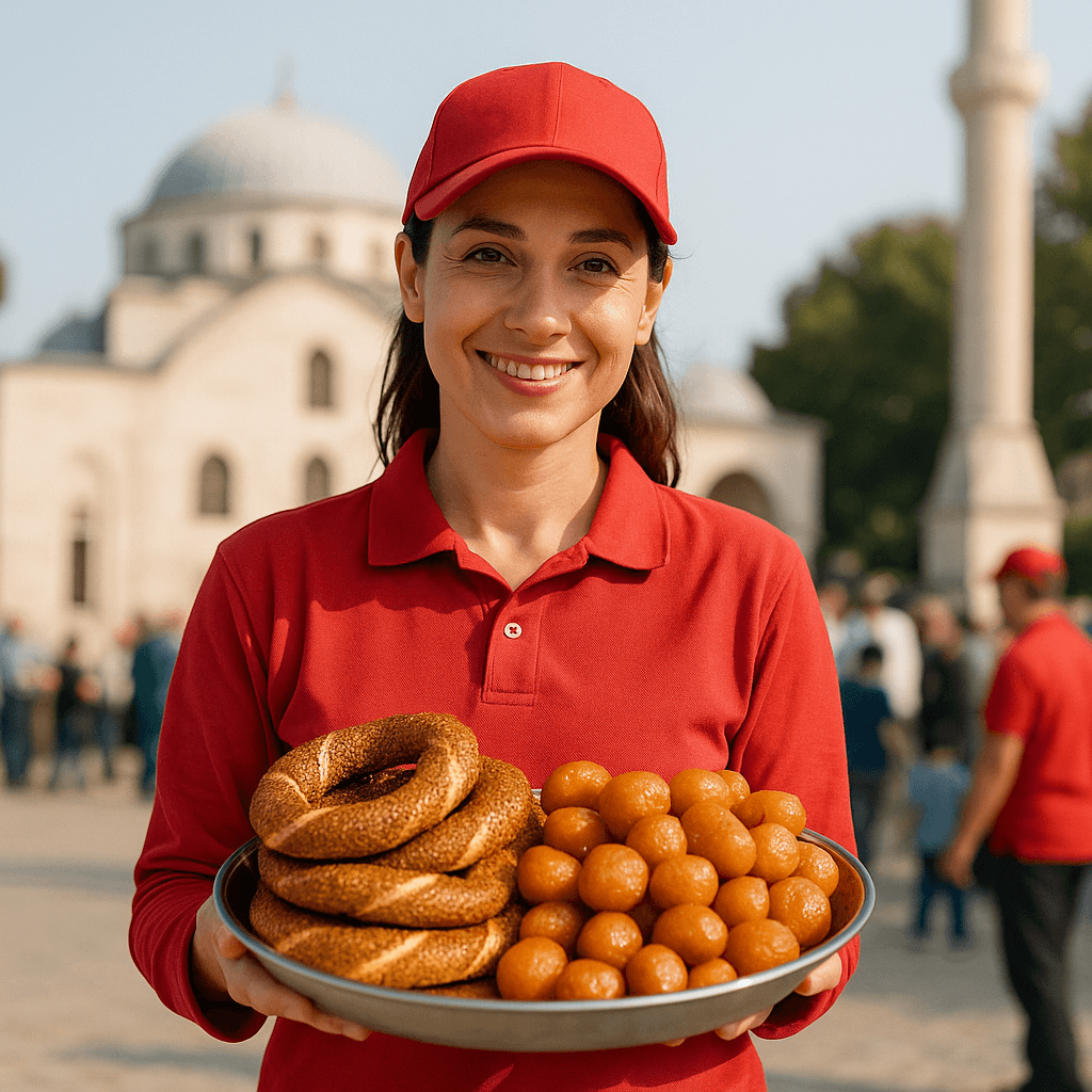 Kırmızı kıyafetli kadın cami önünde simit ve lokma dolu tepsi tutuyor, arka planda insanlar hayır organizasyonu için toplanmış.