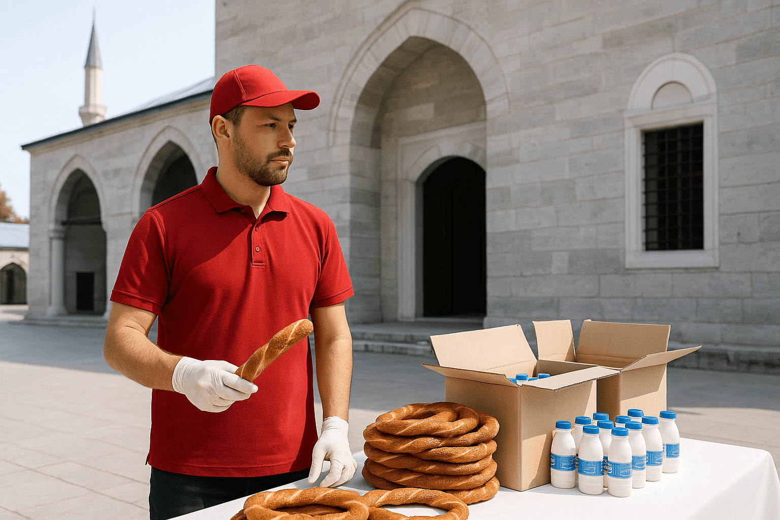 Hayır organizasyonu görevlisi cami önünde simit ve ayran dağıtımı yaparken