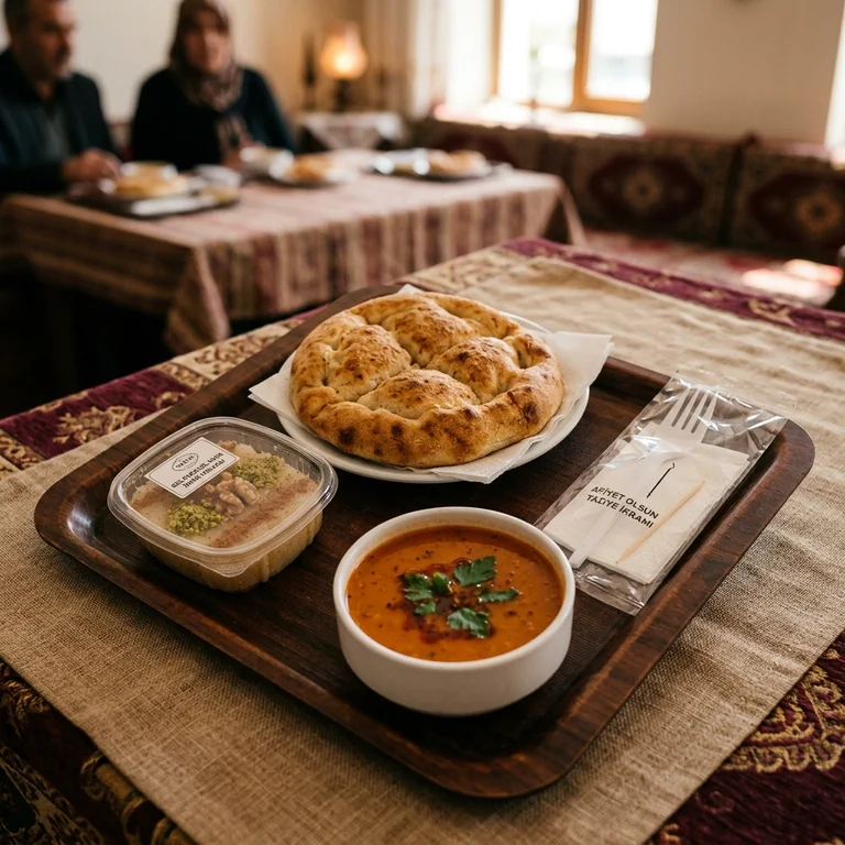 Taziye ve cenaze davetleri icin servis tepsisi uzerinde hazirlanmis sicak kiymali pide, paketli irmik helvasi ve ayran menusu