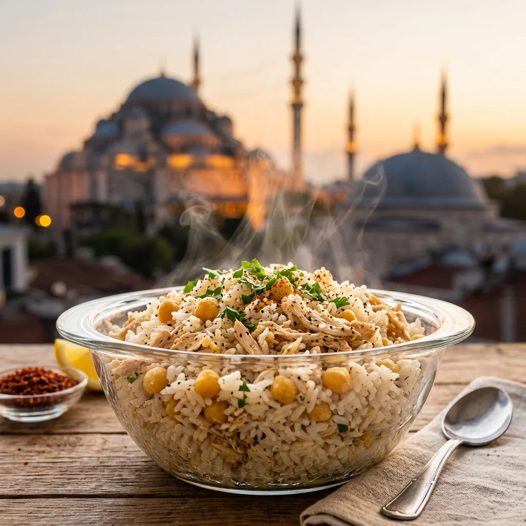 Cami çıkışında dağıtılan sıcak nohutlu tavuklu hayır pilavı kutusu