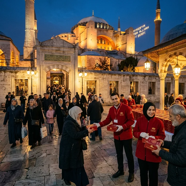 Mübarek kandil gecesi İstanbul'da cami avlusunda cemaate kutu içerisinde kandil simidi dağıtan kırmızı üniformalı personel