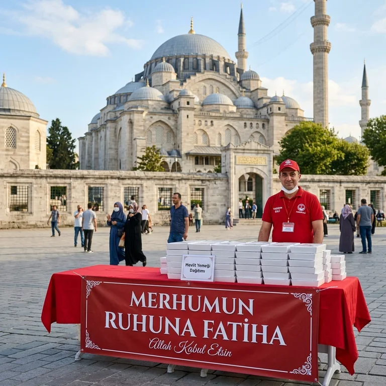 Cami önünde kurulan, üzerinde hayır sahibinin afişi asılı olan taze mevlüt yemeği dağıtım standı