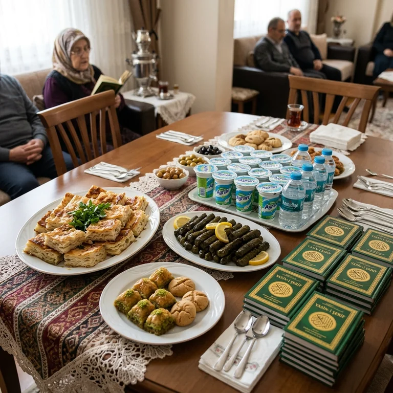 Masa üzerinde şık tabaklarda sunulmuş su böreği, zeytinyağlı yaprak sarması ve taze baklavadan oluşan mevlit ikramı seti