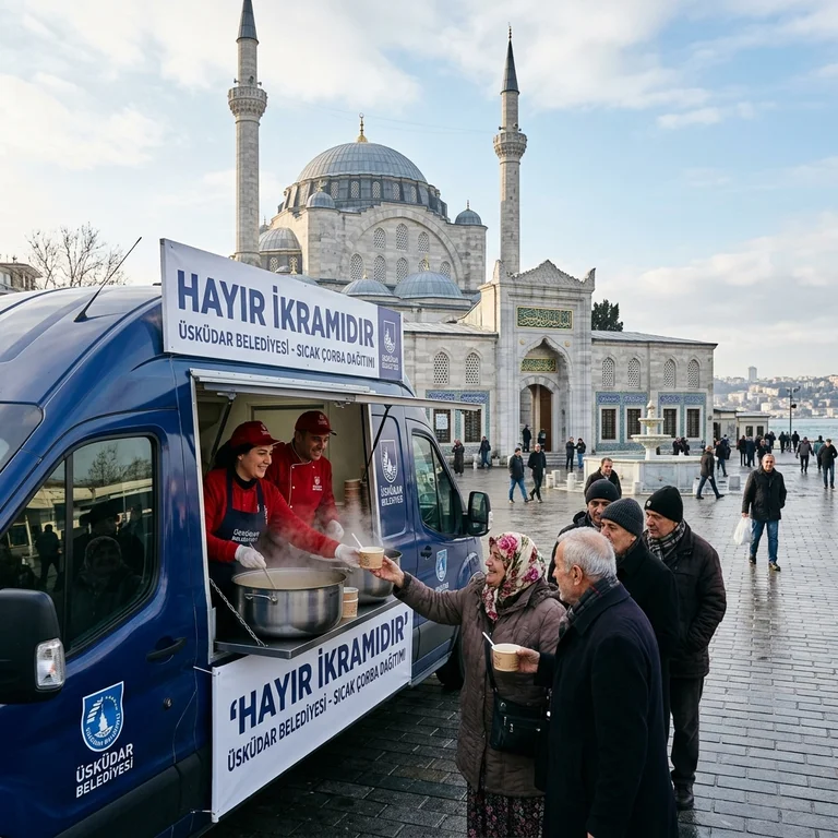 İstanbul sokaklarında park etmiş, üzerinde Hayır İkramıdır afişi asılı mobil çorba dağıtım aracı ve kırmızı üniformalı personel