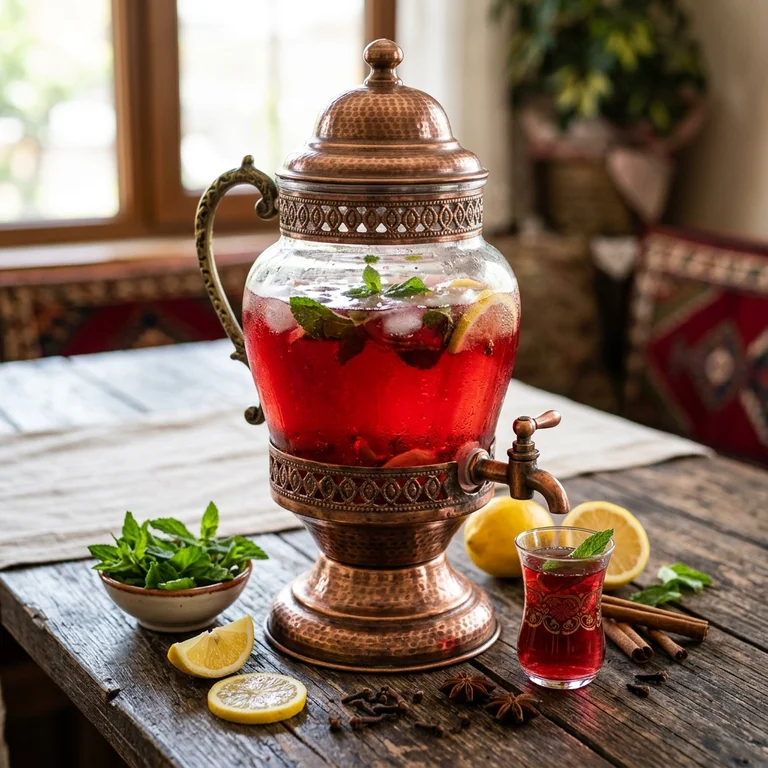 Taze nane yaprakları ve limon dilimleriyle süslenmiş, içi kırmızı Osmanlı şerbeti dolu cam şerbet sebili