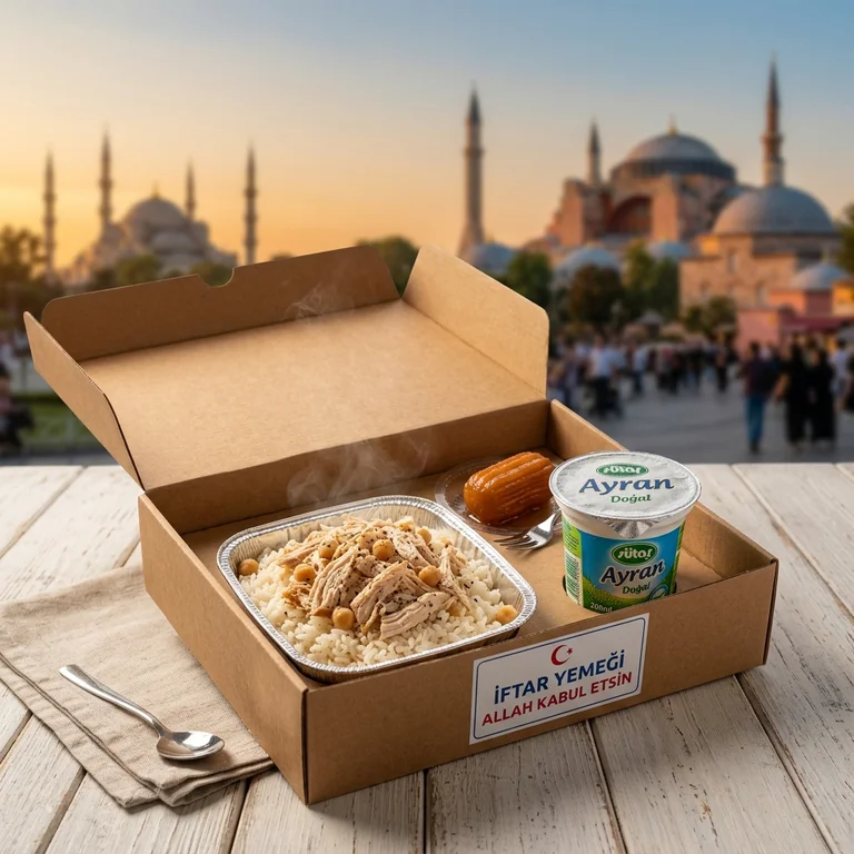 Nohutlu tavuklu pilav, ayran ve tulumba tatlısından oluşan hijyenik paketlenmiş hayır yemeği ikramı