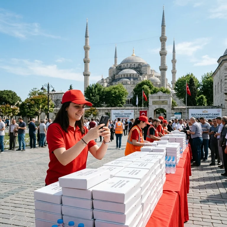 Hayır yemeği dağıtım standını akıllı telefon ile fotoğraflayan görevli personel