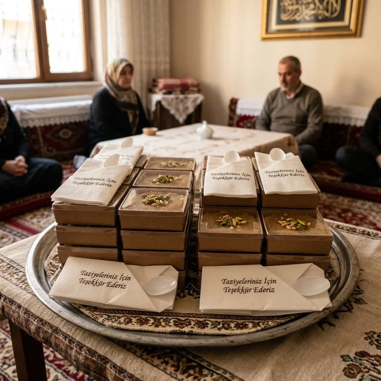Taziye evinde misafirlere sunulmak üzere tepsilere dizilmiş tekli kapalı kaplarda hayır helvası kutuları